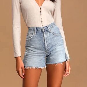 AGOLDE Dee Denim Shorts Womens 27 Blue Light Wash High Rise Distressed Raw Hem